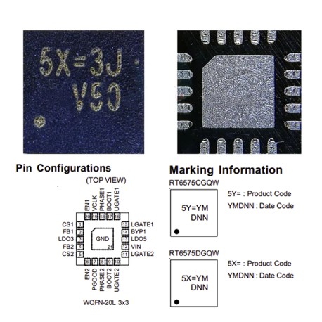 RT6575C RT6575D RT6575DGQW DUAL CHANNEL SYNCHRONOUS DC-DC STEP-DOWN WITH 5V/3.3 LDOs WQFN-20L 3X3 MARK 5Y 5X