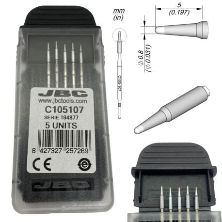 JBC C105107 CARTUCHO PARA CAUTIN PUNTA NANO CONICA RECTA 0.8  MM PARA T105
